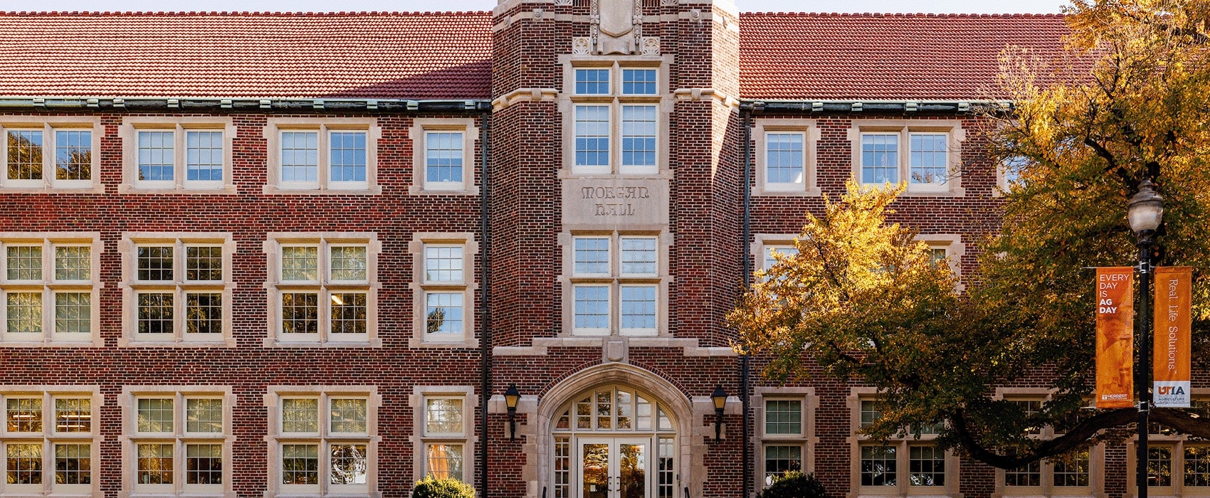 The front of Morgan Hall, a large red brick academic building, with a tree to the right on a sunny day.