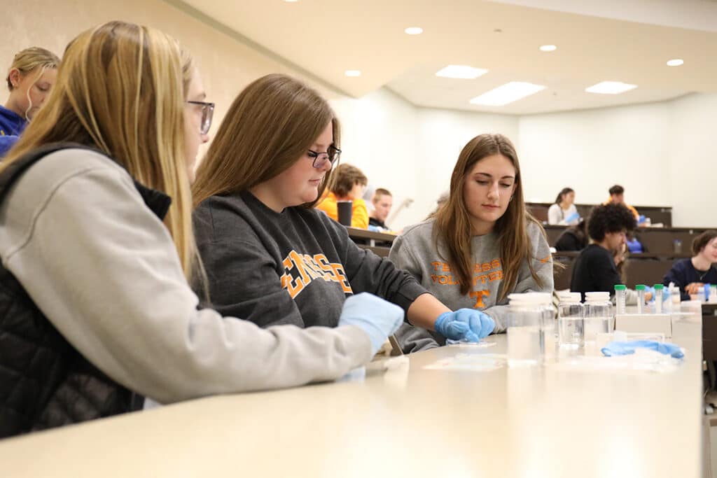 Three students in a well-lit food science classroom wearing Tennessee apparel, sitting and looking at beakers filled with a clear liquid.