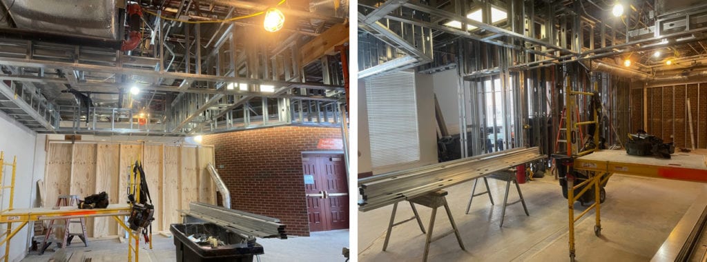 A collage of construction progress photos from inside the UT Creamery site.